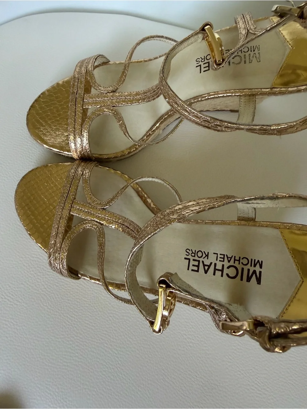 MICHAEL Michael Kors Gold Metallic Snakeskin Espadrille Wedge Sandals Size 7